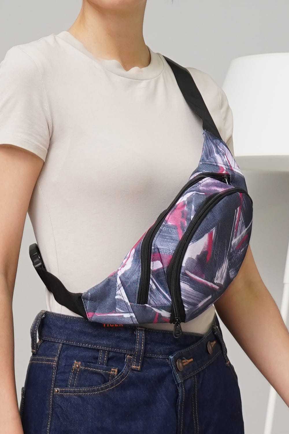 Сумка бананка Tiger Moon Print+ Джинс рожевий